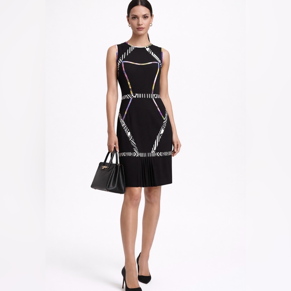 Nicole Miller Atelier Silk Blend Pleated Hem Geometric Sheath Dress Sz 4💛